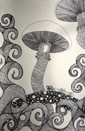 Black and white hand-drawn mushroom illustration made with pen that has intricate zentangle-style patterns and swirling organic shapes on a light background. Includes mushrooms, trees, roots, and a man on a sleigh being pulled by slug like creatures. 