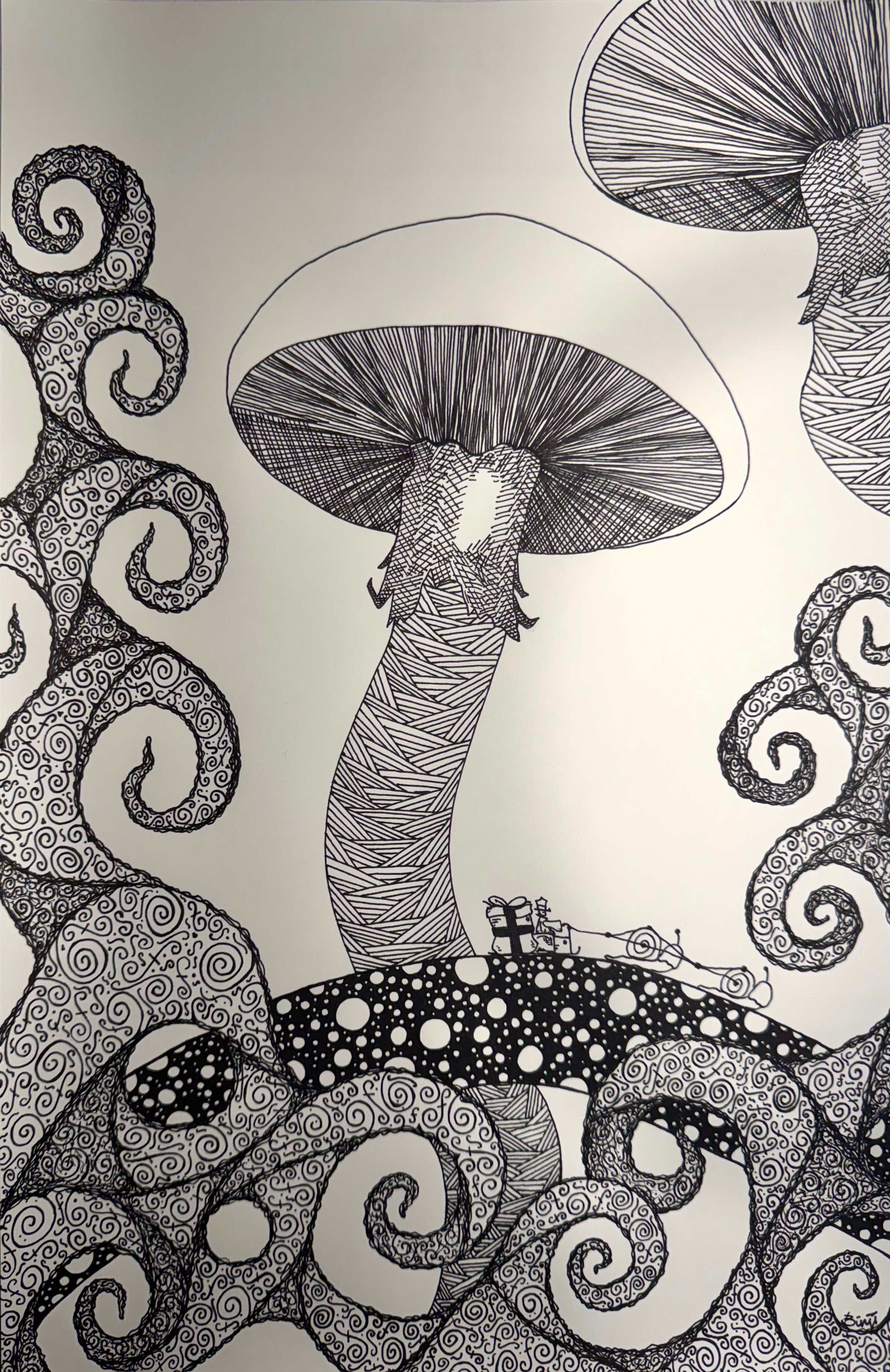 Black and white hand-drawn mushroom illustration made with pen that has intricate zentangle-style patterns and swirling organic shapes on a light background. Includes mushrooms, trees, roots, and a man on a sleigh being pulled by slug like creatures. 