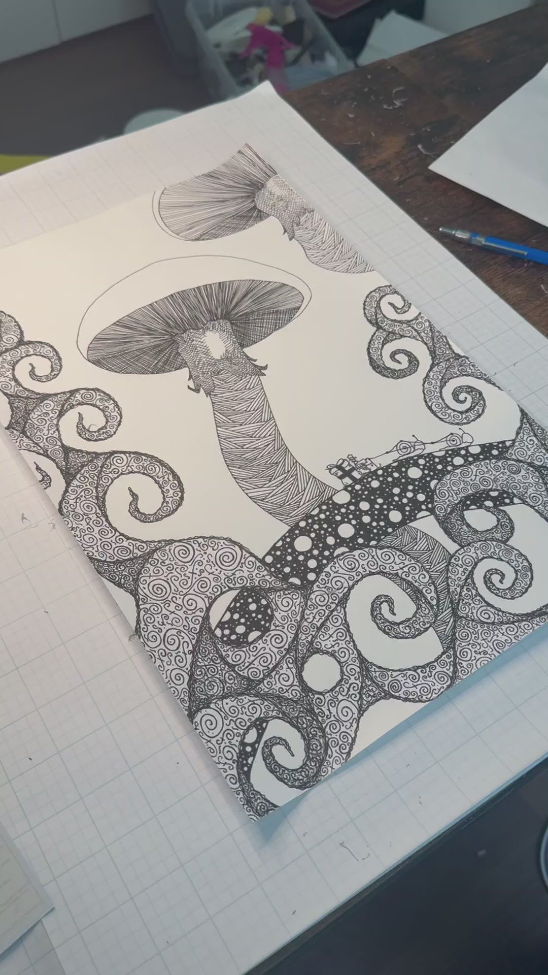 Video showing the final product, Fantasy, New-World, Pen, Poster, Original Artwork, Handmade, Nature, Wonder, Whimsical, World of Bunji, Sleigh, Creatures, Mushrooms, Trees, Roots